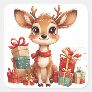 Pegatina Cuadrada Bebé Ciervo Adorable Con Cuernecillos Festivos