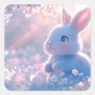 Pegatina Cuadrada Bebé conejo adorable en un campo de flores