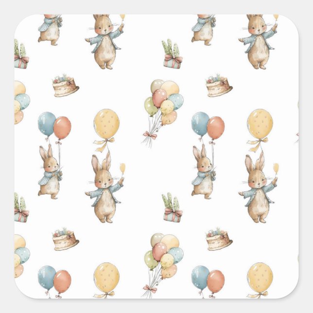 Pegatina Cuadrada Bebé conejo con globos (Anverso)