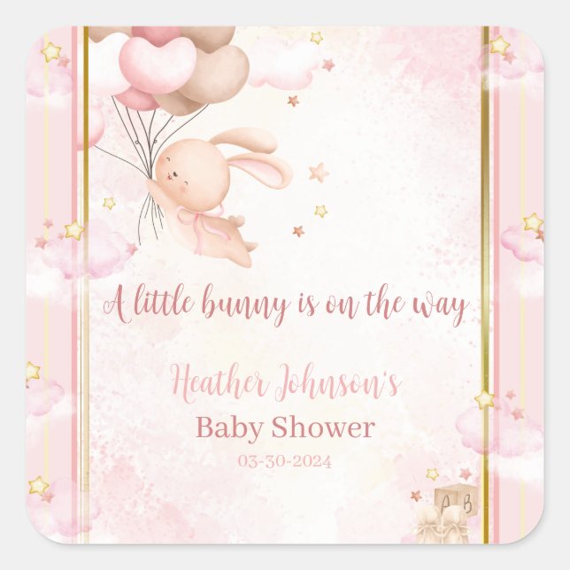 Pegatina Cuadrada Bebé Conejo Niña Shower de Bienvenida (Anverso)