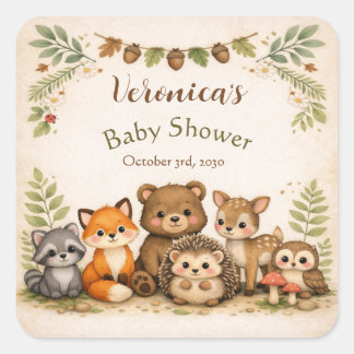 Pegatina Cuadrada Bebé de animales del bosque en Baby Shower