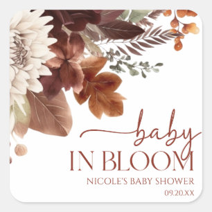 Pegatina Cuadrada Bebé de Borgoña Marrón En Baby Shower Floral De Bl