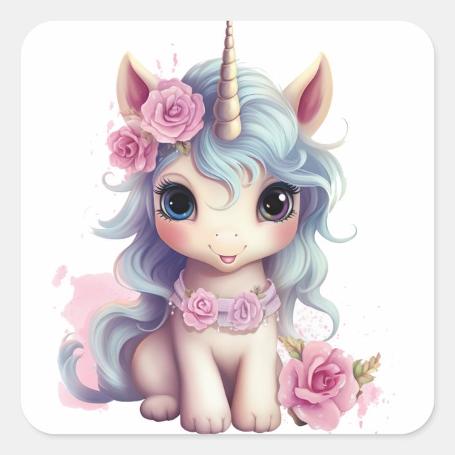 Pegatina Cuadrada Bebé de hadas cortas unicornio Sparkling Fantasy (Anverso)