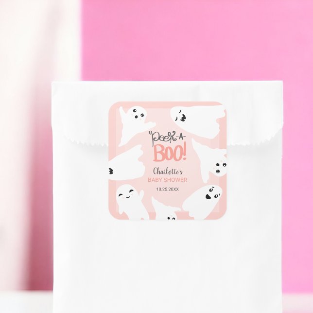 Pegatina Cuadrada Bebé de Halloween lindo, fantasmas, ducha de bebé  (Cute Halloween boo ghosts pink baby shower Square Sticker)