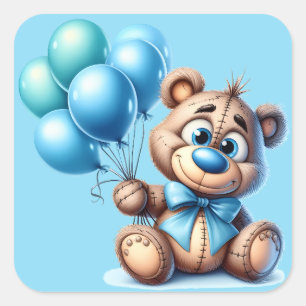 Pegatina Cuadrada Bebé de Osito de Peluche con Globos Azules Shower