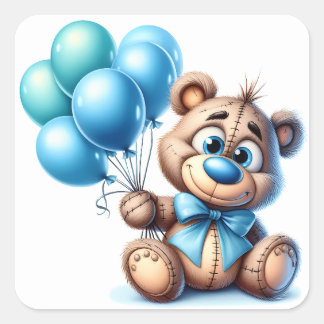 Pegatina Cuadrada Bebé de Osito de Peluche con Globos Azules Shower