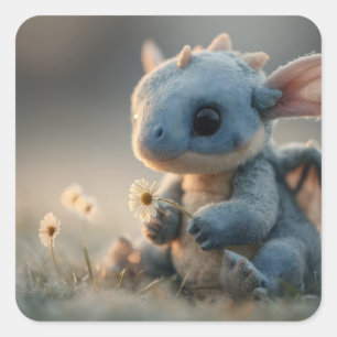 Pegatina Cuadrada Bebé Dragón Azul Adorable Sosteniendo una Margarit