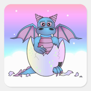 Pegatina Cuadrada Bebé Dragón Cute en Huevo Crackeado - Azul / Púrpu