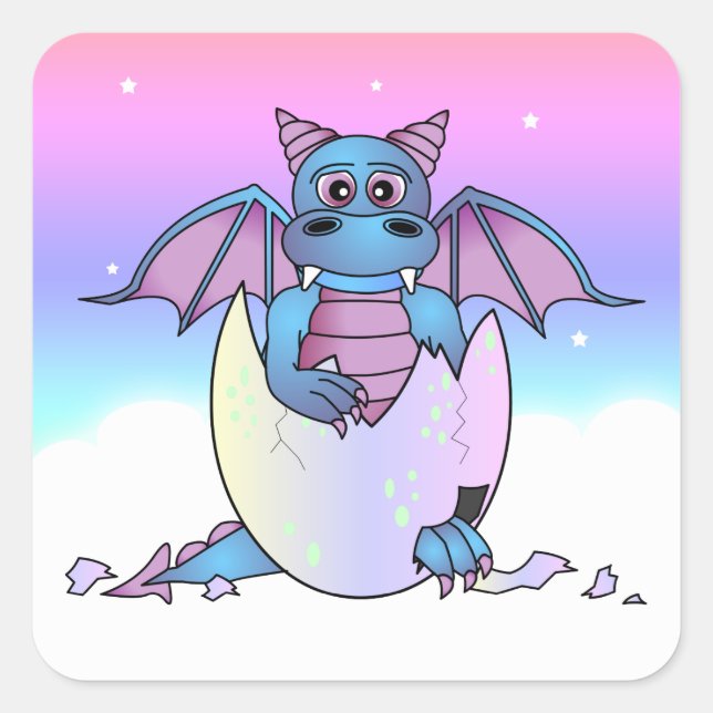 Pegatina Cuadrada Bebé Dragón Cute en Huevo Crackeado - Azul / Púrpu (Anverso)