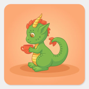 Pegatina Cuadrada Bebé dragón lindo sosteniendo taza sobre naranja