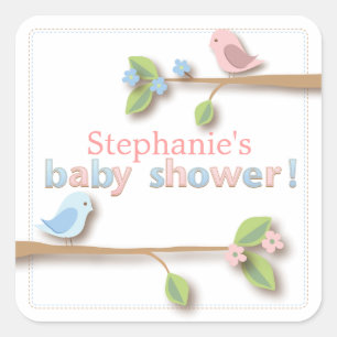 Pegatina Cuadrada Bebé dulce Birdie Rosa & Blue Baby Shower Sticker