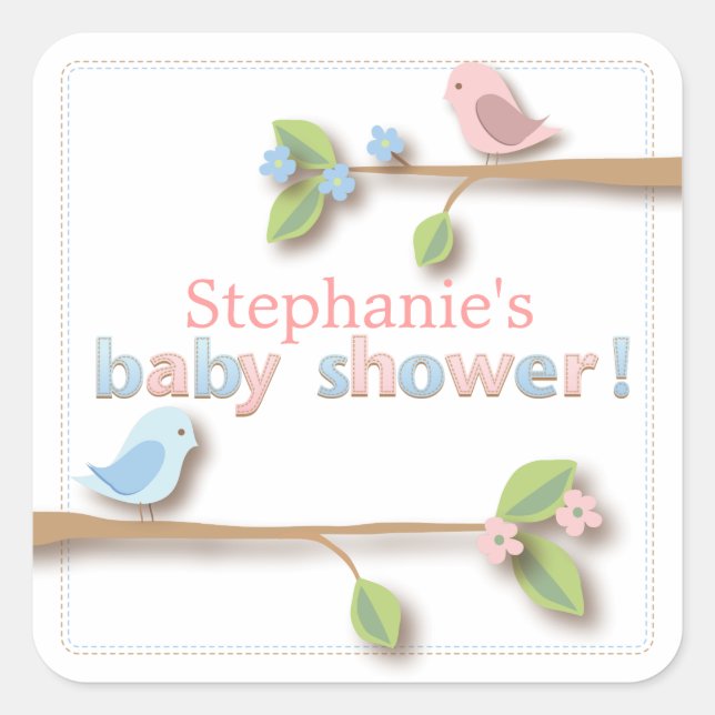 Pegatina Cuadrada Bebé dulce Birdie Rosa & Blue Baby Shower Sticker (Anverso)