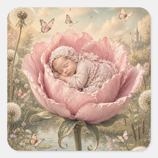 Pegatina Cuadrada Bebé durmiendo en flor rosa  (Anverso)