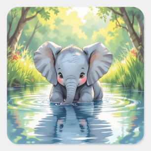 Pegatina Cuadrada Bebé elefante adorable y reflejo