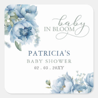 Pegatina Cuadrada Bebé en Bloom Blue Floral Boy Baby Shower