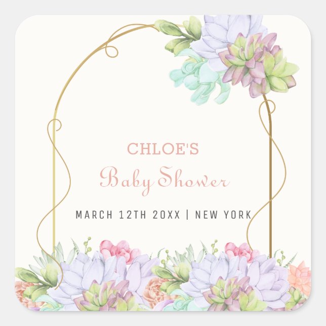 Pegatina Cuadrada Bebé En Bloom Boho Arch Cactus Baby Shower (Anverso)