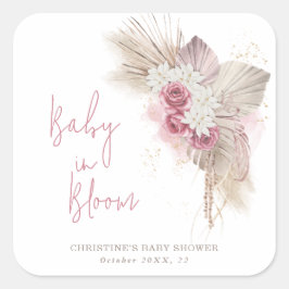 Pegatina Cuadrada Bebé En Bloom Boho Rosa Baby Shower