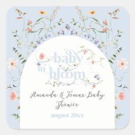 Pegatina Cuadrada Bebé en Bloom Wildflower Blue Boy Baby Shower