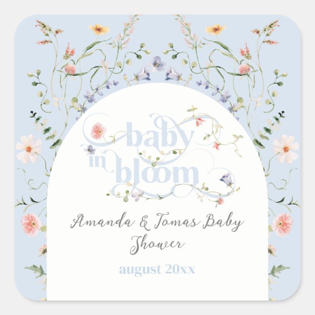 Pegatina Cuadrada Bebé en Bloom Wildflower Blue Boy Baby Shower (Anverso)