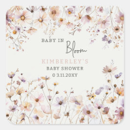 Pegatina Cuadrada Bebé en Bloom Wildflowers Baby Girl Baby Shower