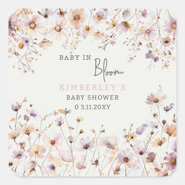 Pegatina Cuadrada Bebé en Bloom Wildflowers Baby Girl Baby Shower (Anverso)