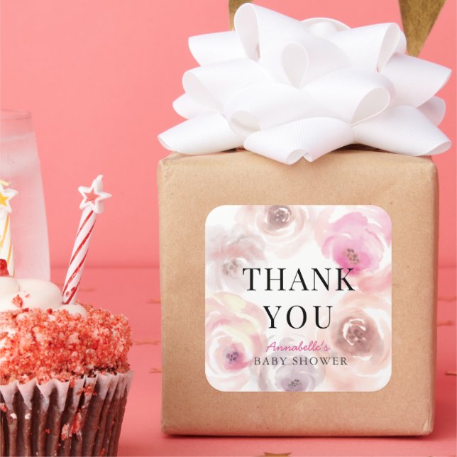 Pegatina Cuadrada Bebé en el Rosa de acuarela de Bloom Baby Shower (Fiesta)