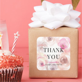 Pegatina Cuadrada Bebé en el Rosa de acuarela de Bloom Baby Shower