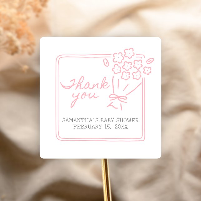 Pegatina Cuadrada Bebé en Flor Baby Shower (Hand Drawn Baby in Bloom Baby Shower Sticker)