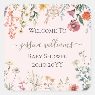 Pegatina Cuadrada Bebé en Flor Baby Shower de Flores Silvestres