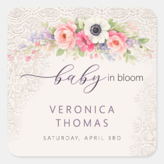Pegatina Cuadrada Bebé en Flor Dulce Baby Shower Floral