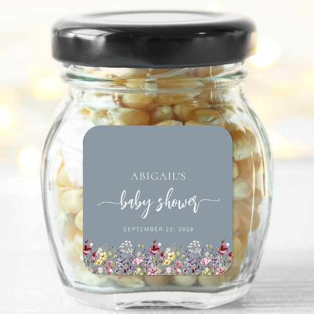 Pegatina Cuadrada Bebé en flor silvestre Dusty Blue Baby Shower (Subido por el creador)