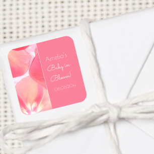 Pegatina Cuadrada Bebé floral rosado personalizado en Baby Shower en