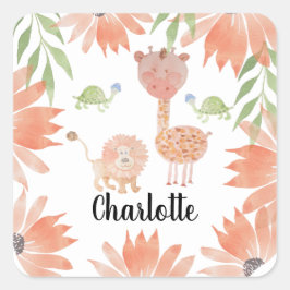 Pegatina Cuadrada Bebé Giraffe Watercolor Pintado a mano