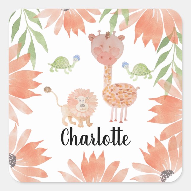 Pegatina Cuadrada Bebé Giraffe Watercolor Pintado a mano (Anverso)