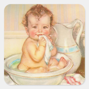 Pegatina Cuadrada Bebé lindo con baño