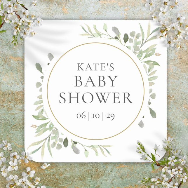 Pegatina Cuadrada Bebé Lluvia de Agua Moderno Verde (Modern Watercolour Greenery Baby Shower Square Sticker)