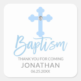 Pegatina Cuadrada Bebé moderno Bastante Azul Baptismo Niño Gracias