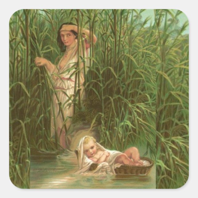 Pegatina Cuadrada Bebé Moisés Y El Río Nilo (Anverso)