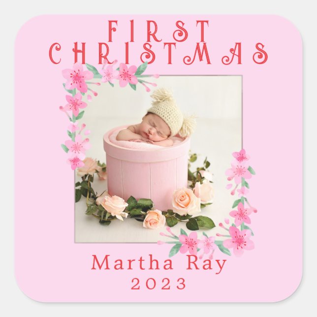 Pegatina Cuadrada Bebé Niña Primera Navidad blanda Marco floral rosa (Anverso)