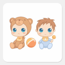 Pegatina Cuadrada Bebé niño Twins Traje de oso 2