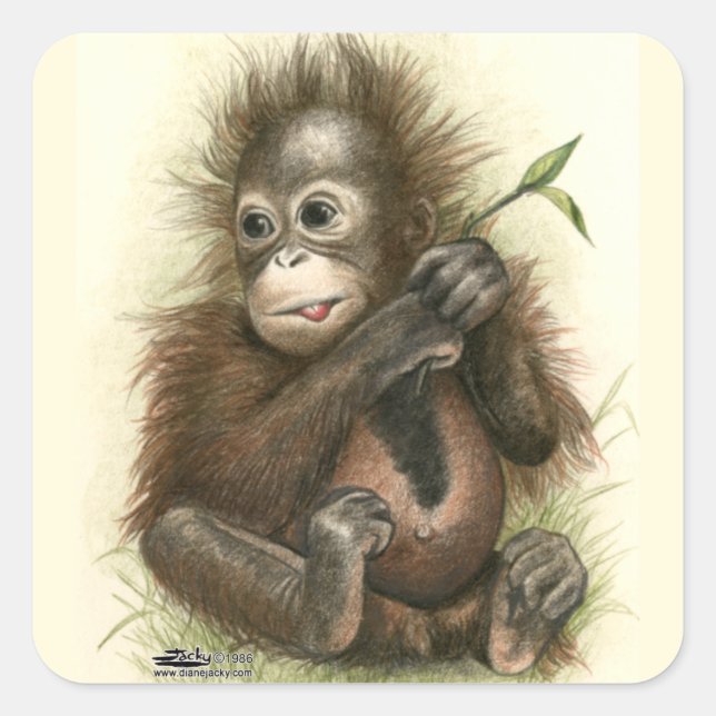 Pegatina Cuadrada Bebé orangután con hojas (Anverso)