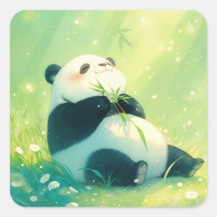 Pegatina Cuadrada Bebé Panda Adorable Comiendo Bamboo