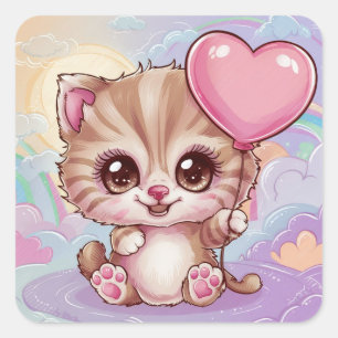 Pegatina Cuadrada Bebé rosa dulce y adorable Cumpleaños Gatito