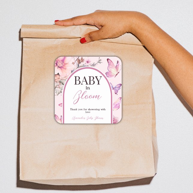 Pegatina Cuadrada Bebé rosa mariposa en Baby Shower, Chica de sangre (Subido por el creador)