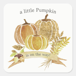 Pegatina Cuadrada Bebé Shower de Otoño con Calabaza de Purpurina en