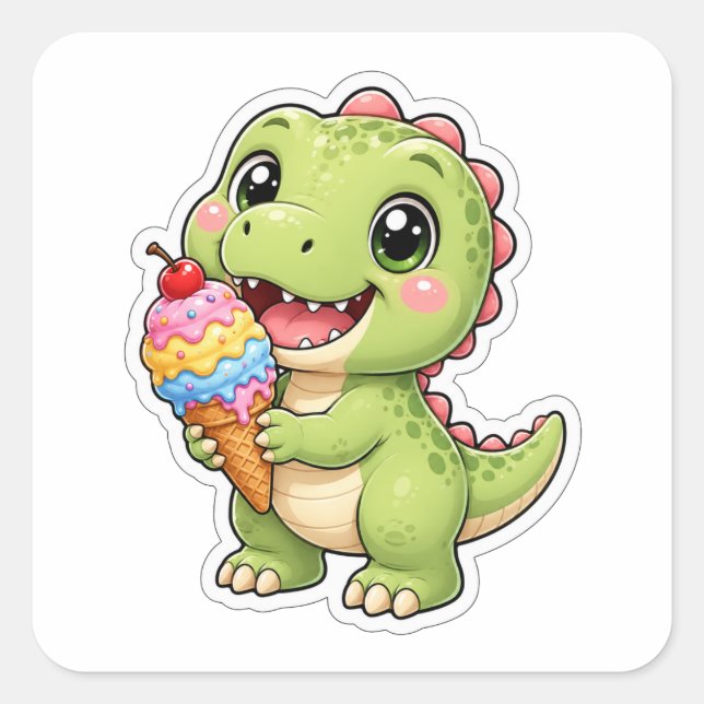 Pegatina Cuadrada Bebé T-Rex Adorable con Arte de Helado (Anverso)