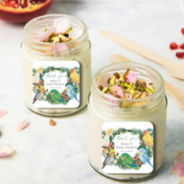 Pegatina Cuadrada Bebé tropical exótico Parrots salvajes Baby Shower