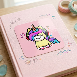 Pegatina Cuadrada Bebé Unicornio Kawaii Feliz con Auriculares