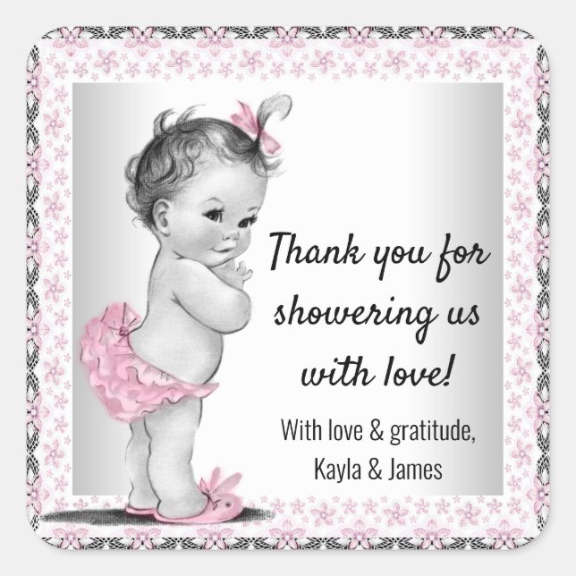 Pegatina Cuadrada Bebé ventilado Chica Baby Shower Favor Pegatinas (Anverso)