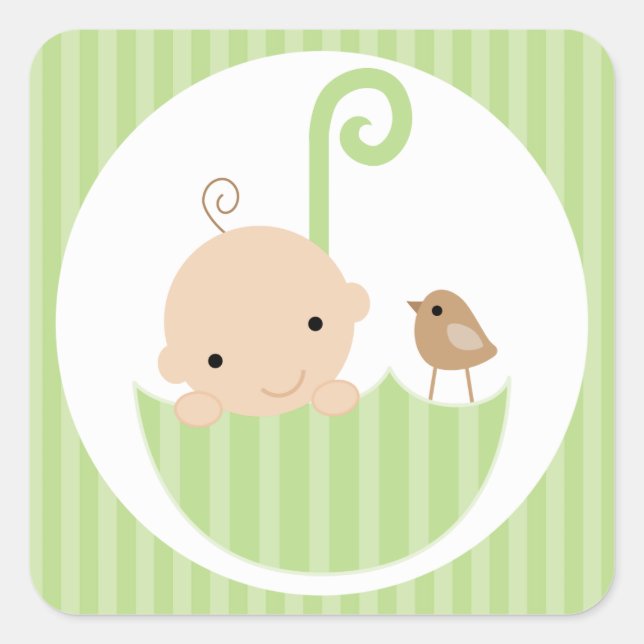 Pegatina Cuadrada Bebé verde en el paraguas (Anverso)